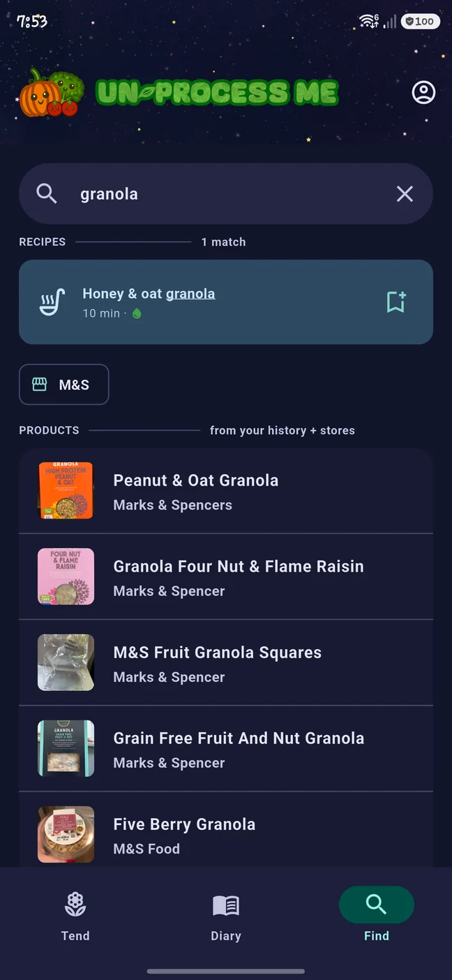 Find tab in dark theme: the query 'oat' returning a recipes group and a products group together