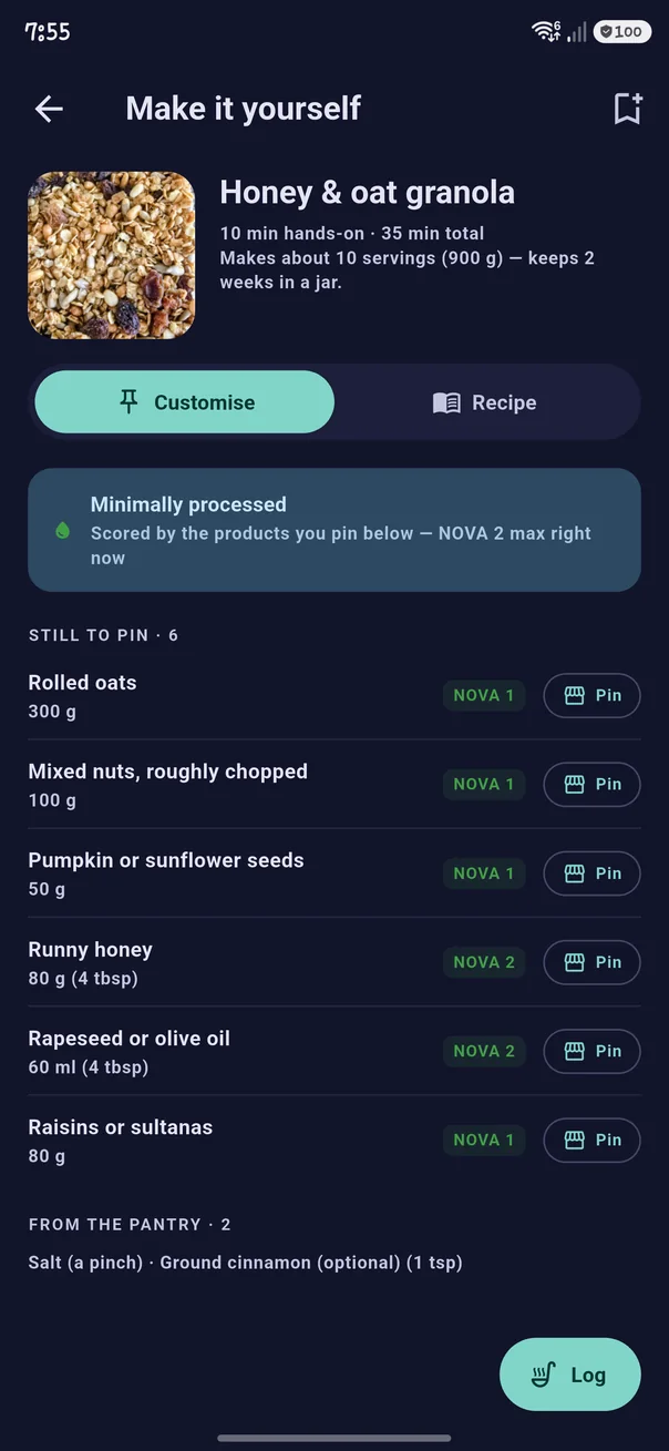 Customise tab in dark theme: the honey and oat granola recipe scoring minimally processed, with each ingredient's NOVA group and a pin button beside it