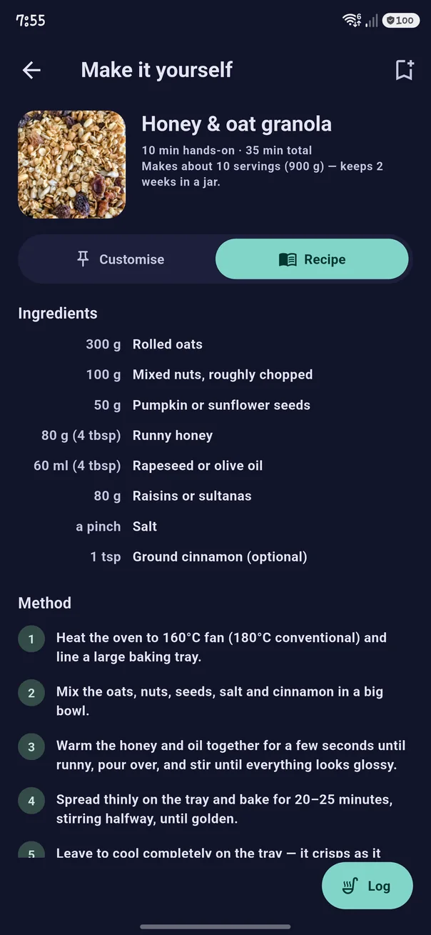 Recipe tab in dark theme: the granola's ingredient quantities and numbered method steps, with a log button in the corner