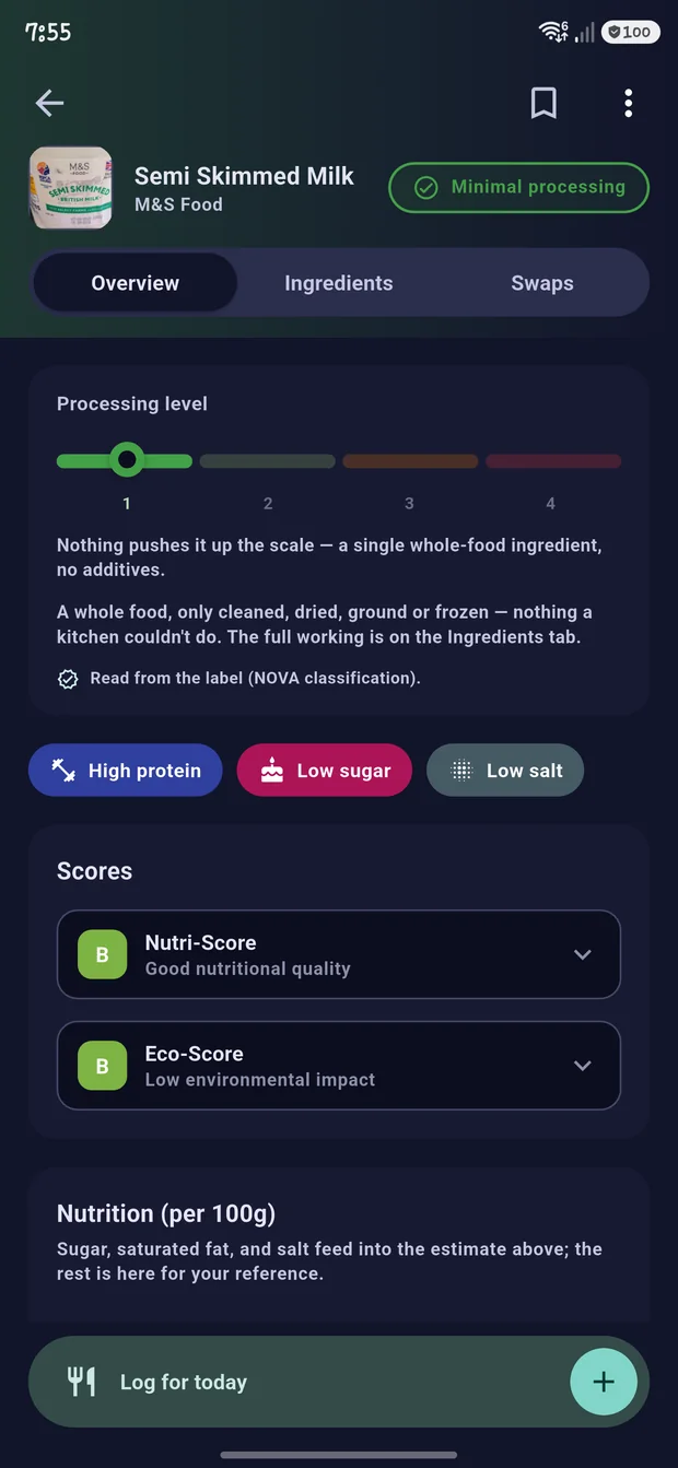 Result screen in dark theme: an ultra-processed verdict on the overview segment, with the NOVA scale and the additives that put the product there