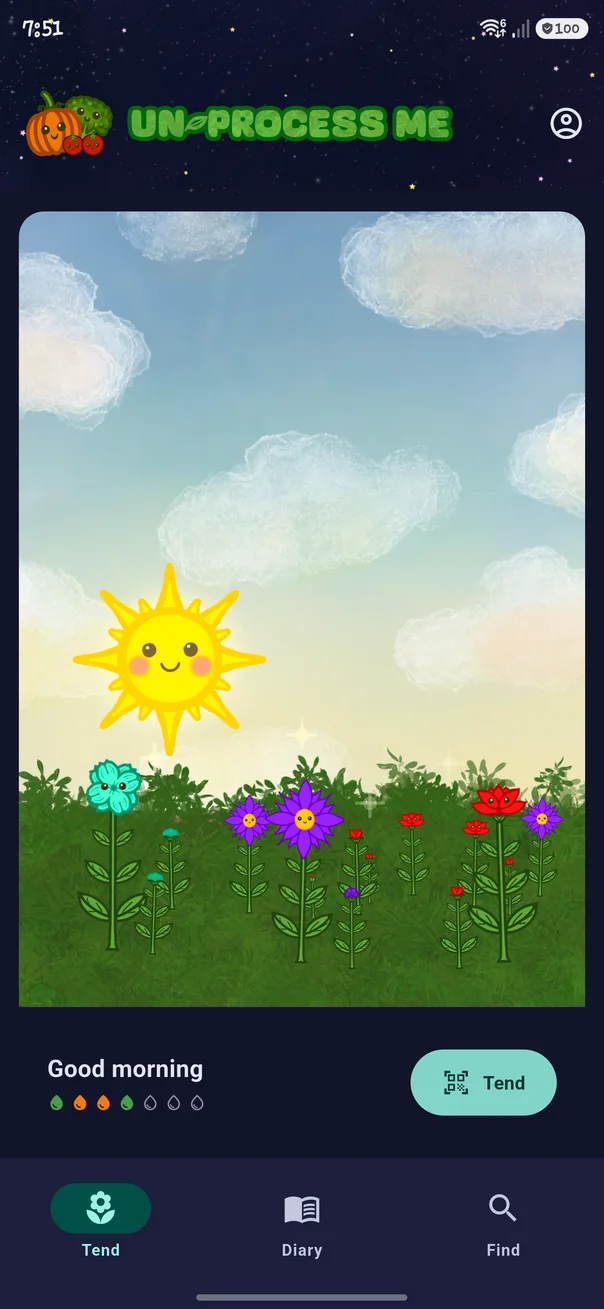 Tend tab in dark theme: the resting garden with the ledge greeting, the week's droplet row and a result card on the soil for a whole food